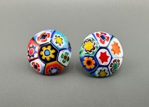 Vintage Millefiori Earrings 12K GF Italian Glass Round Black Posts Stud Pierced